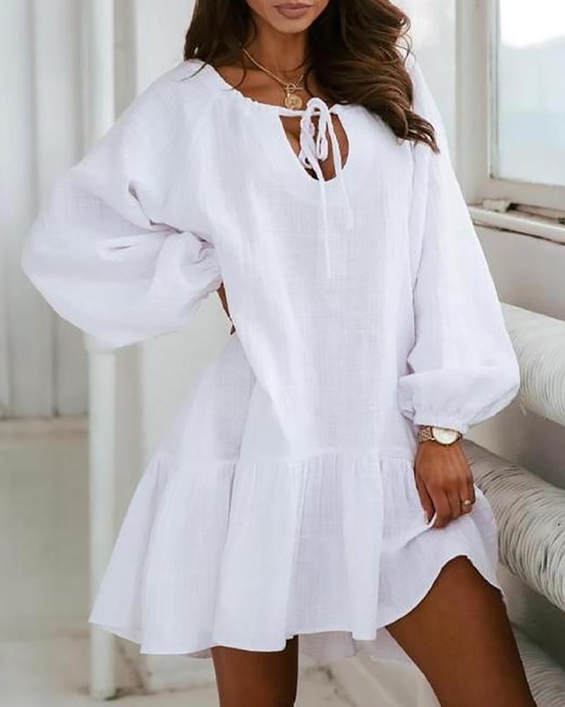 

Tie Front Lantern Sleeve Casual Dress, White