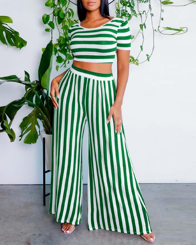 

Striped Print Crop Top & Wide Leg Pants Set, Green