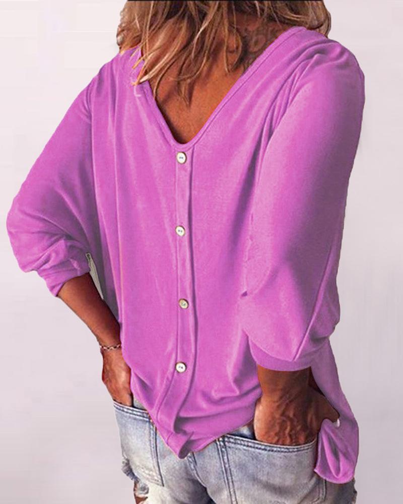 

Plus Size Button Decor V-Neck Top, Purple