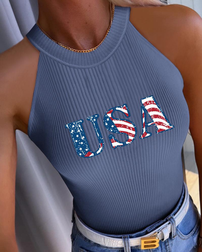 

Independence Day USA Flag Print O-Neck Tank Top, Blue