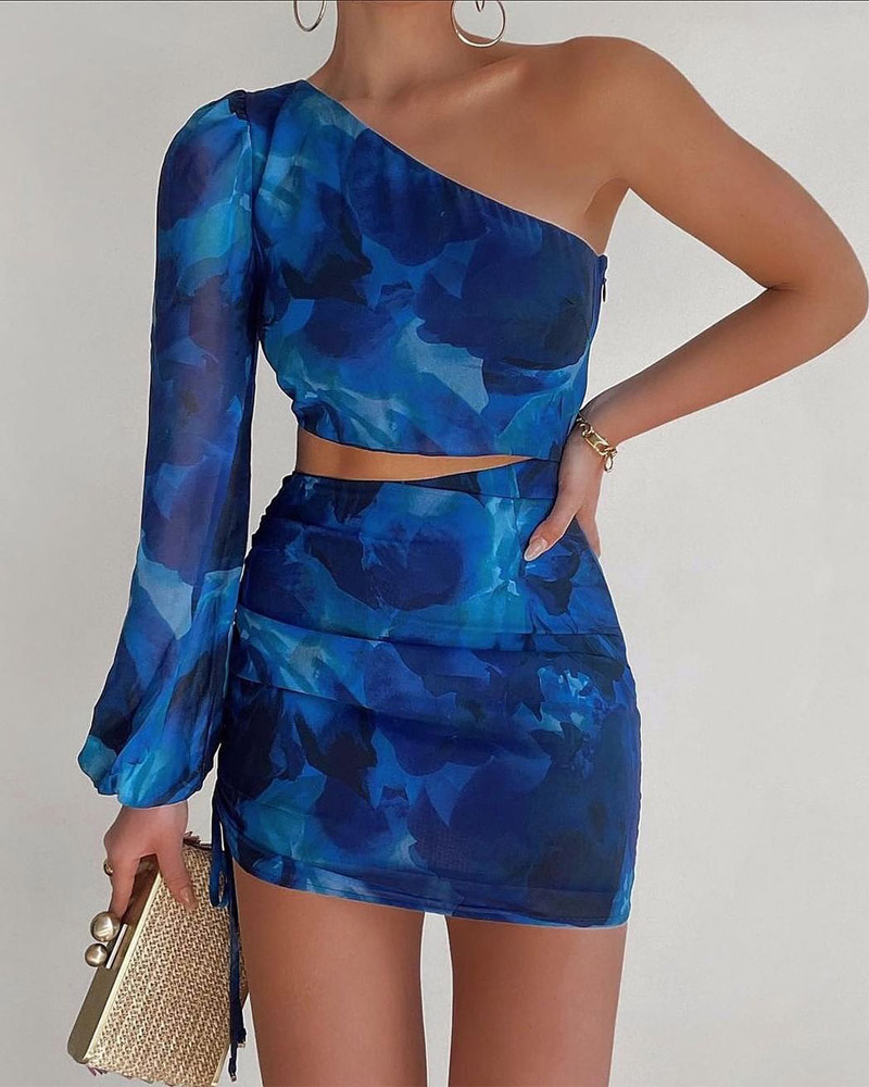 

Tie Dye One Shoulder Crop Top & Skirt Set, Blue