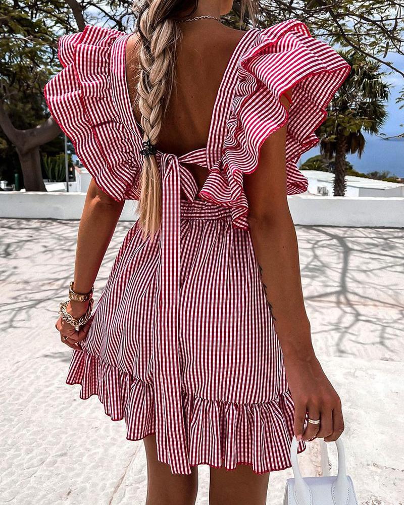 

Plaid Print Ruffles Knotted Backless Casual Dress, Red