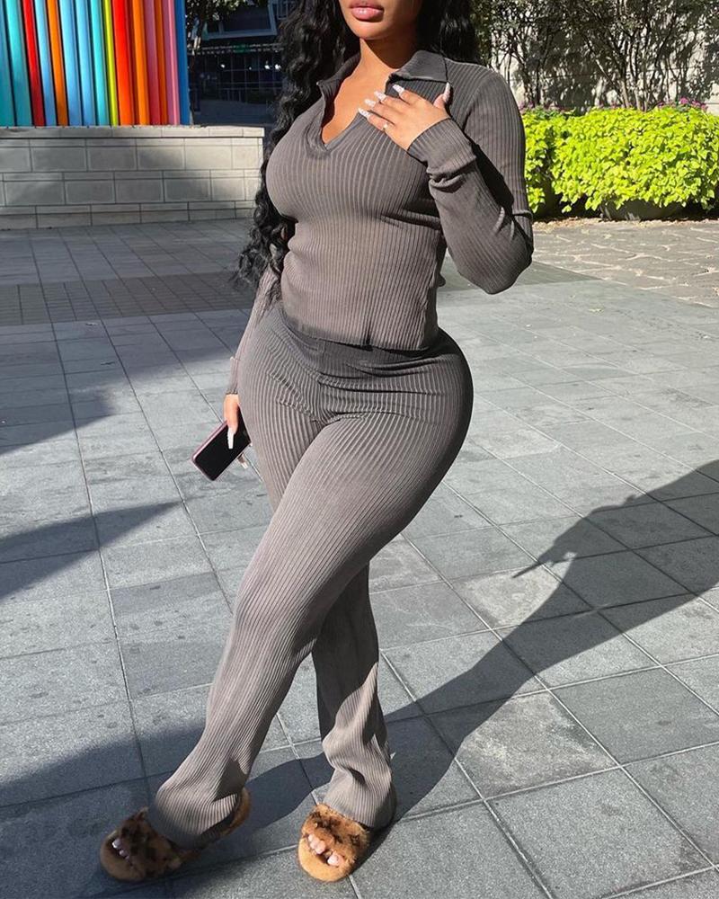 

Long Sleeve Ribbed Top & Pants Set, Gray