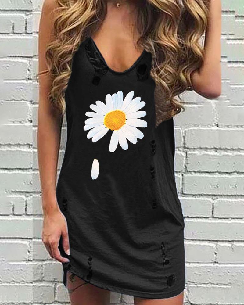 

V Neck Hollow Out Daisy Print Dress, Black