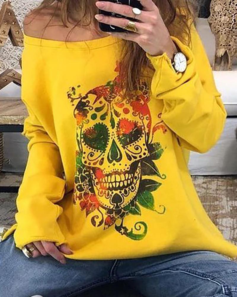 

Skull Floral Print Long Sleeve Casual Sweatshirt, Yellow