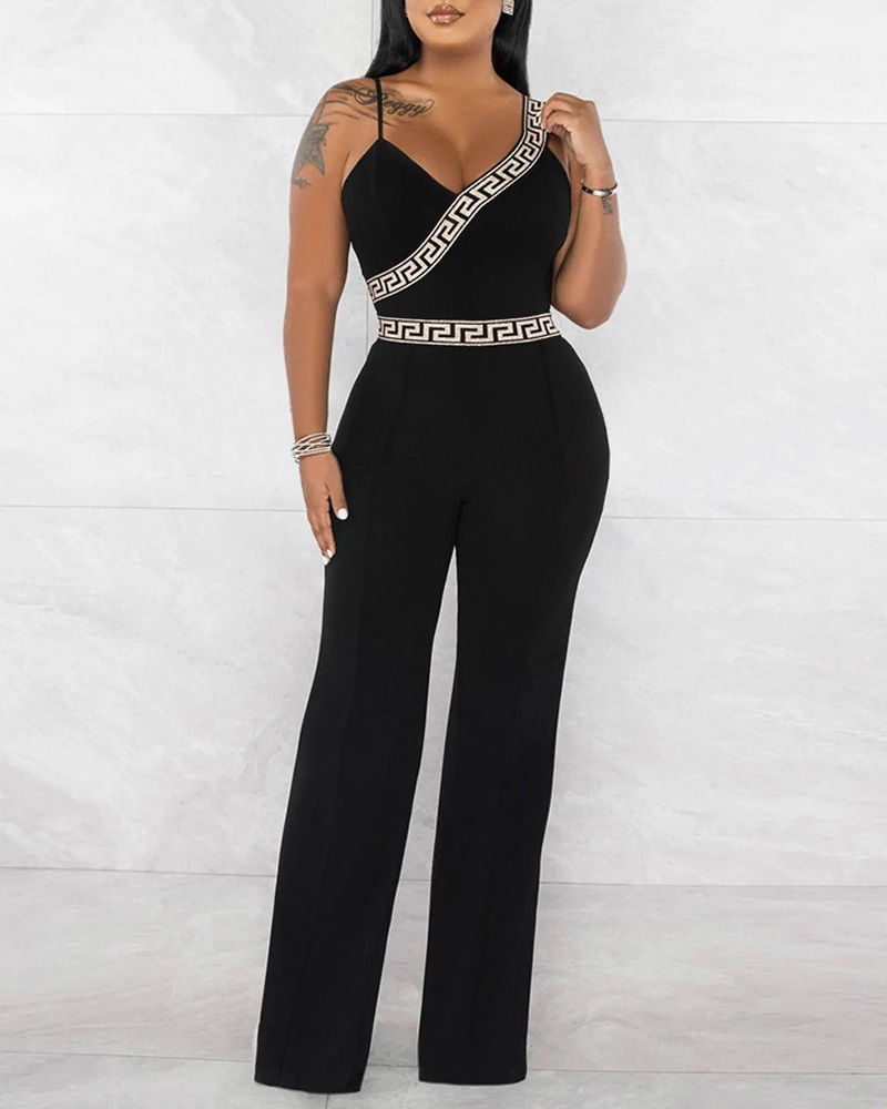 

Geometric Print Asymmetrical Neck Jumpsuit, Black