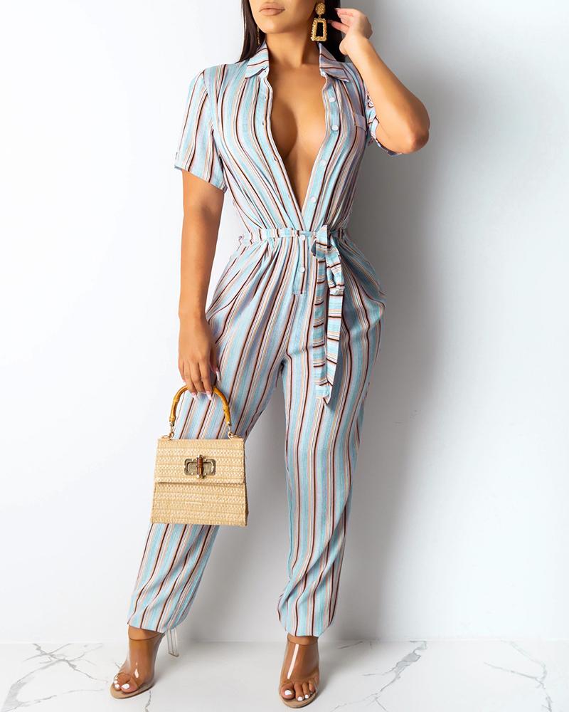 

Striped Short Sleeve Button Casual Jumpsuit, Blue