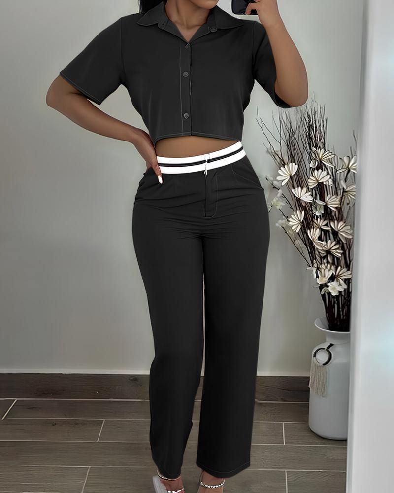 

Peter Pan Collar Crop Top & Contrast Paneled Pants Set, Black