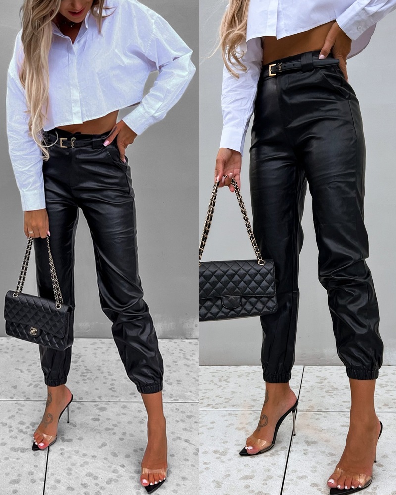 

PU Leather High Waist Cuffed Pants, Black