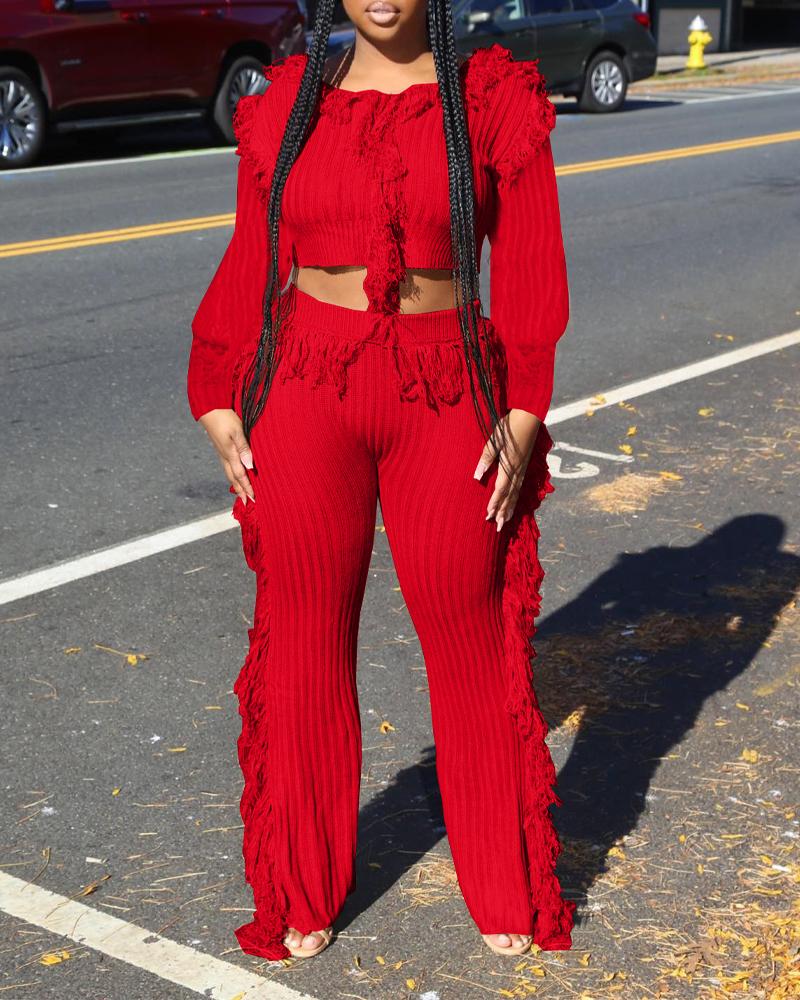 

Fringe Trim Long Sleeve Crop Top & Pants Set, Red