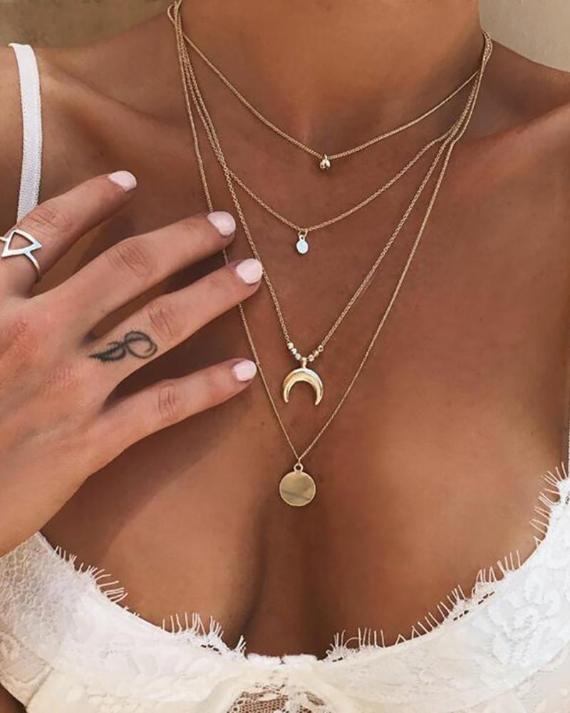 

Moon Disc Pendant Layered Chain Necklace, Gold