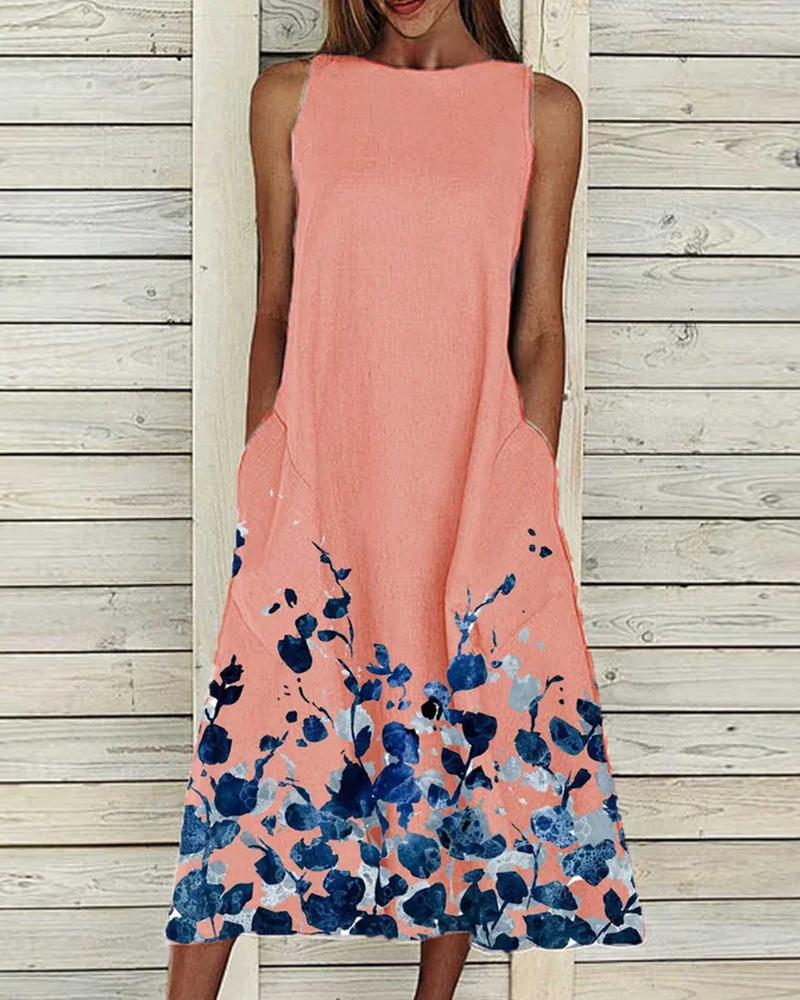 

Plants Print Pocket Detail Sleeveless Casual Dress, Pink
