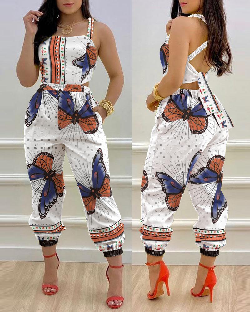 

Butterfly Print Crisscross Backless Jumpsuit, Multicolor