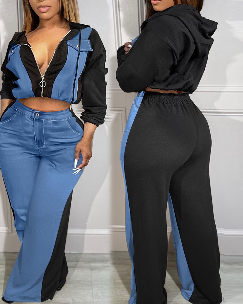 

2PCS Colorblock Zip Up Flap Detail Hoodie & High Waist Pants Set, Black