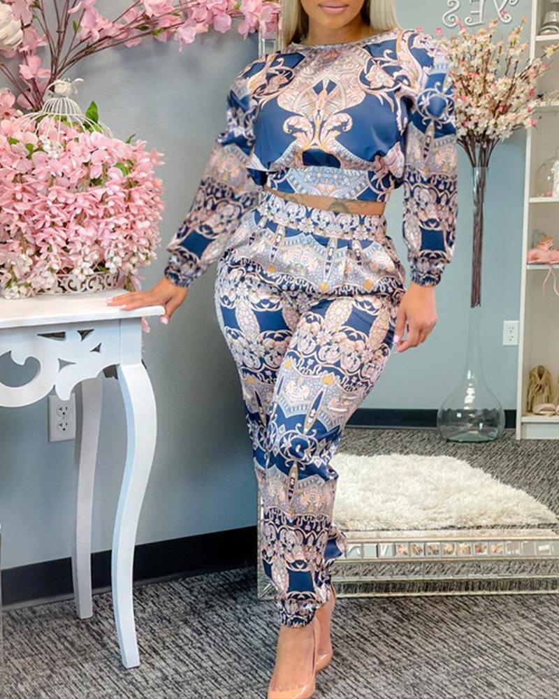 

Baroque Print Tie Back Crop Top & Pocket Pants Set, Blue