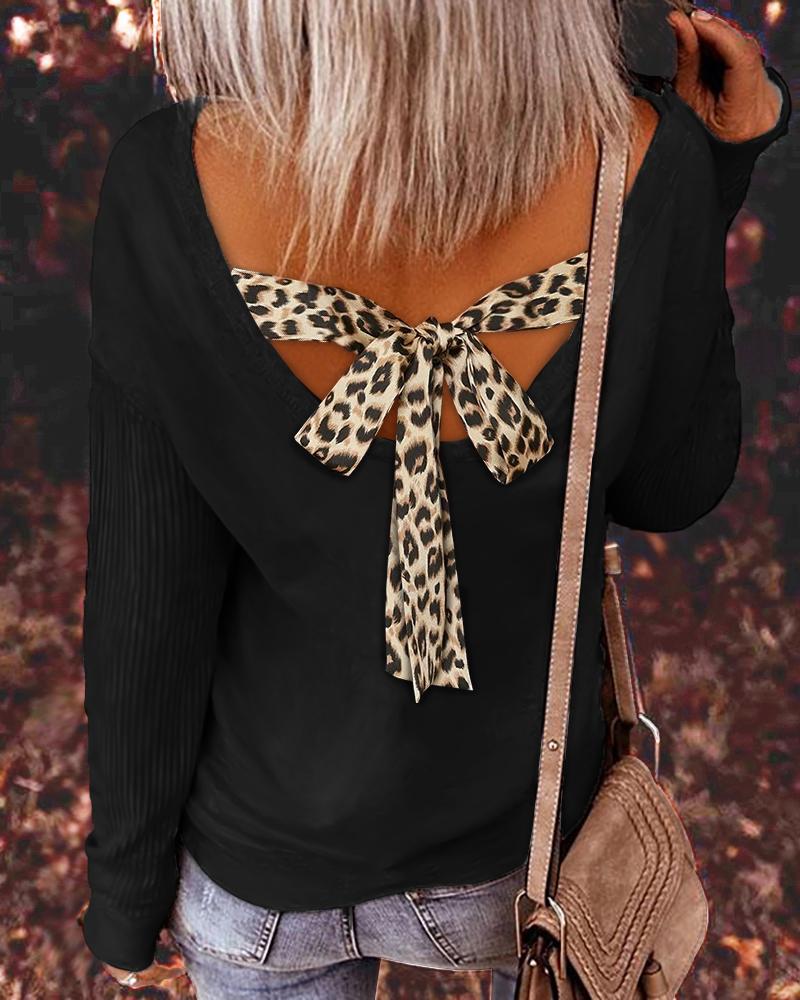 

Contrast Leopard Tied Detail Long Sleeve Top, Black