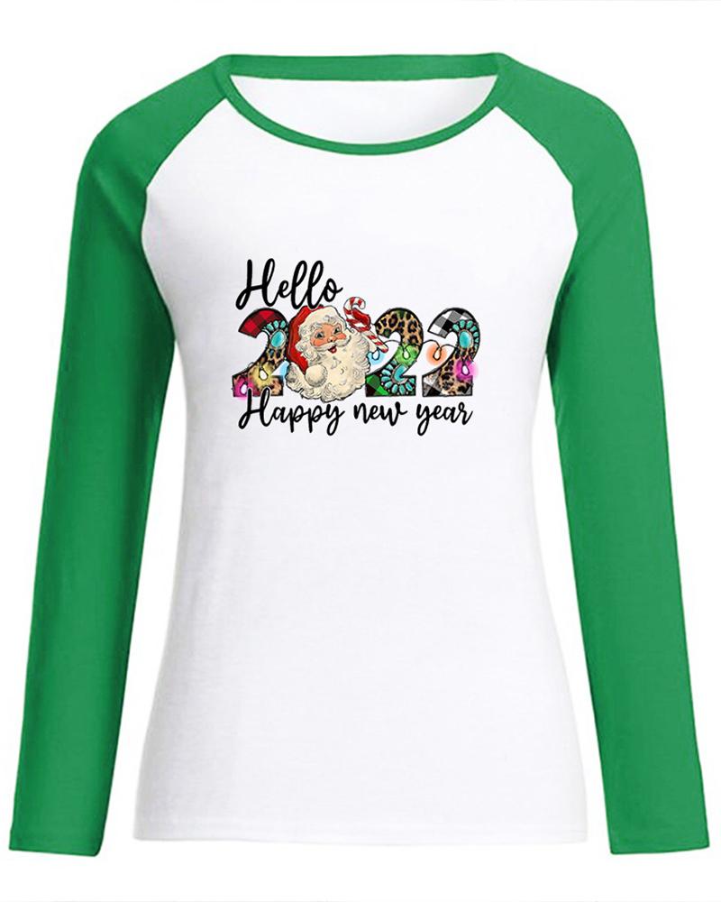 

Christmas Santa Colorblock Letter Print Top, Green