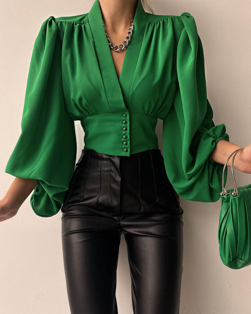 

Button Front Puff Lantern Sleeve Top, Green