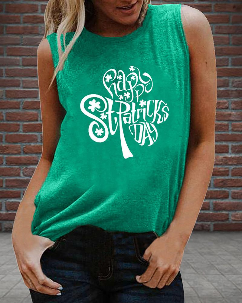 

St. Patrick' Day Clover Print Tee Round Neck Casual Tank Top, Style1