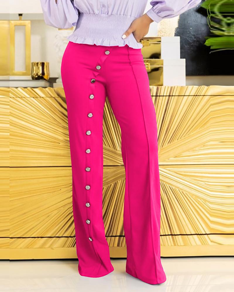 

High Waist Button Design Wide Leg Pants, Hot pink