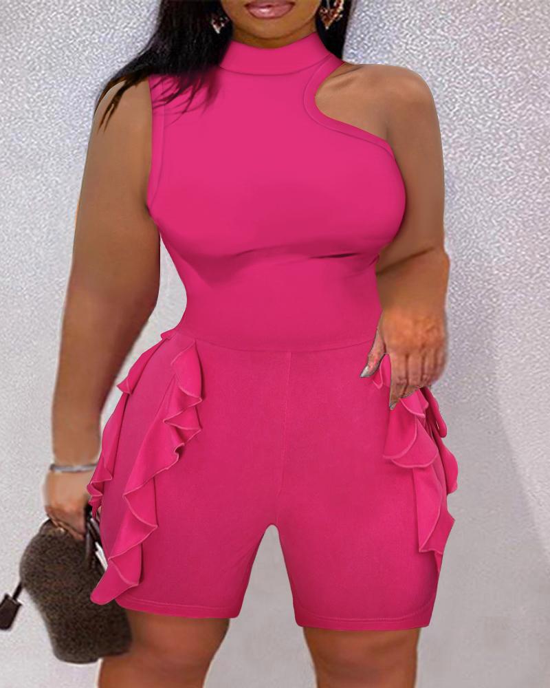 

Plus Size Mock Neck Cutout Top & Ruffles Shorts Set, Hot pink