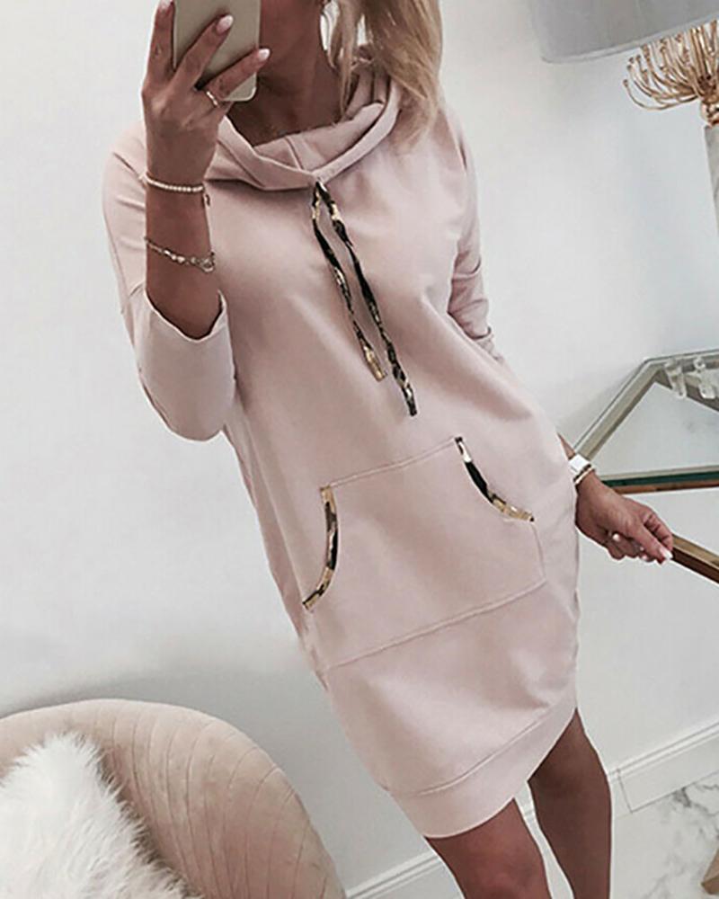 

Long Sleeve Pocket Design Drawstring Hooded Top, Pink