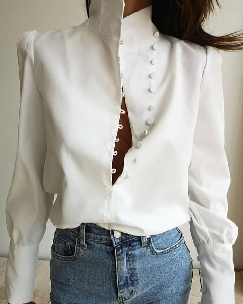 

Buckle Stand Collar Top, White