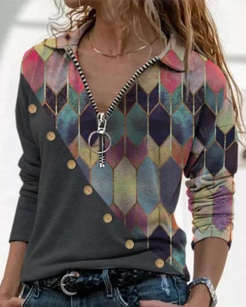 

Abstract Print Zipper Design Blouse, Yellow