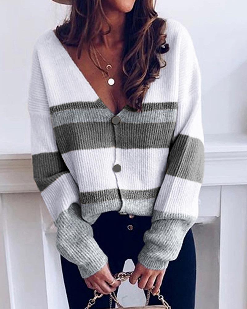 

Striped Print Colorblock Button Front Cardigan, Gray