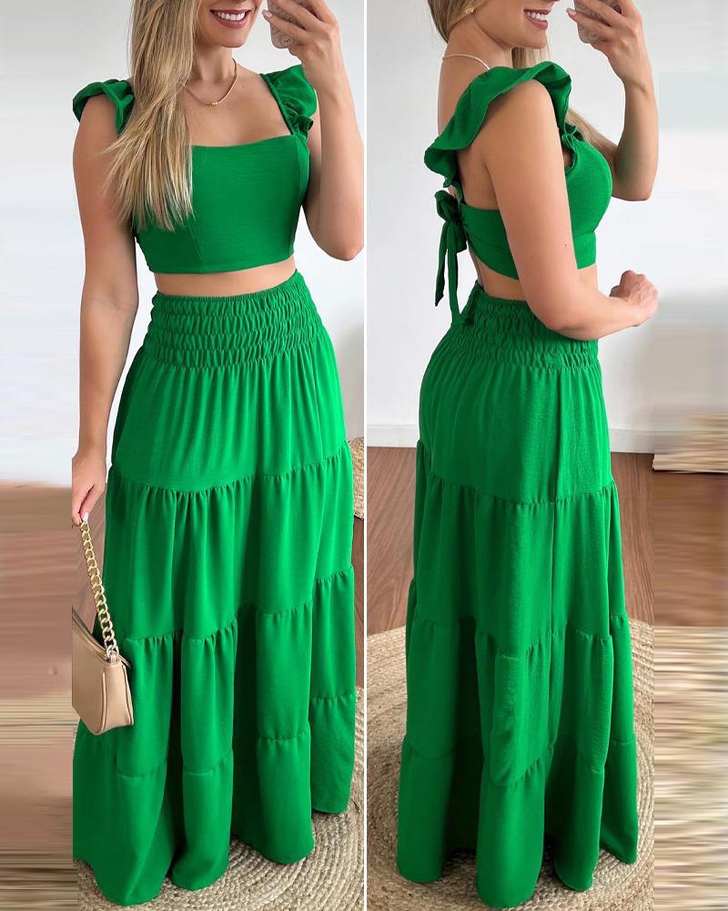 

Tied Detail Ruffle Hem Crop Top & Shirred Maxi Skirt Set, Green