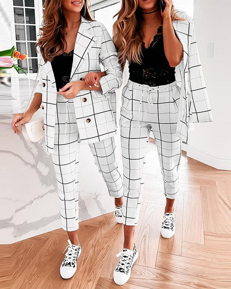 

Plaid Print Button Design Blazer Coat & Pants Set, White