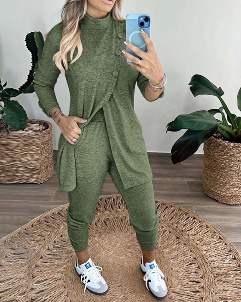 

Conjunto de 2 peças, gola falsa, manga comprida, botões decorativos, fenda, comprimento médio, top elástica com cordão, cintura alta, calça slim fit, Army green