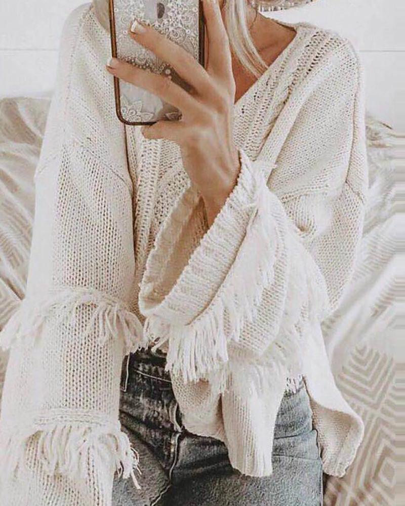 

Plain Tassel Design Long Sleeve Knit Sweater, White