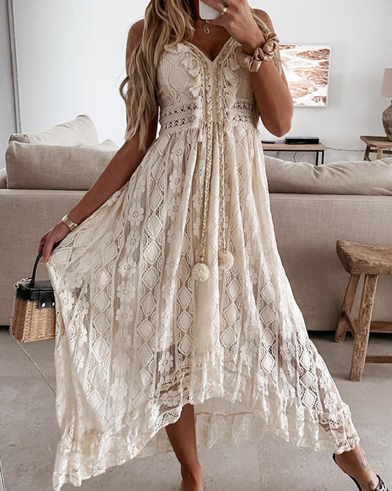 

Tassel Decor Ruffle Hem Lace Dress, Apricot