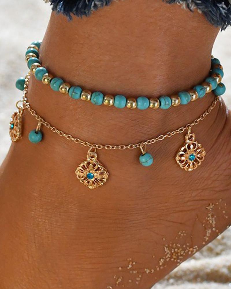 

2pcs Beaded Turquoise Floral Pattern Anklets Set, Blue