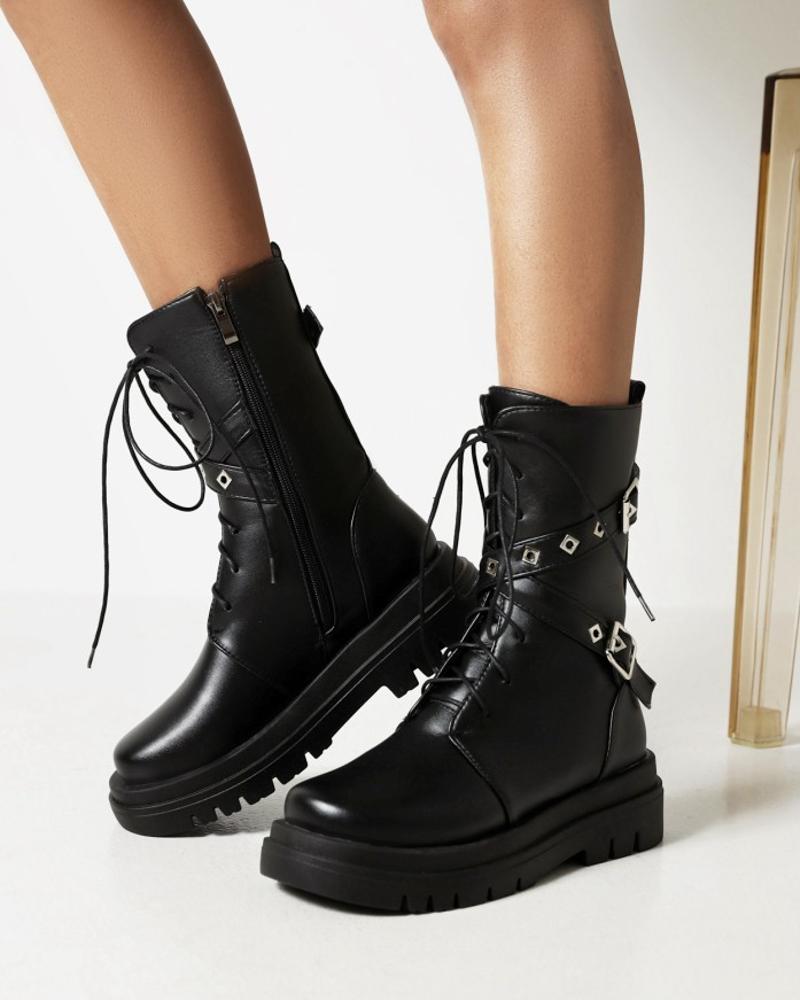 

Womens Cross Straps Decoration Round Toe Lace-up Motorcycle Boots, Black