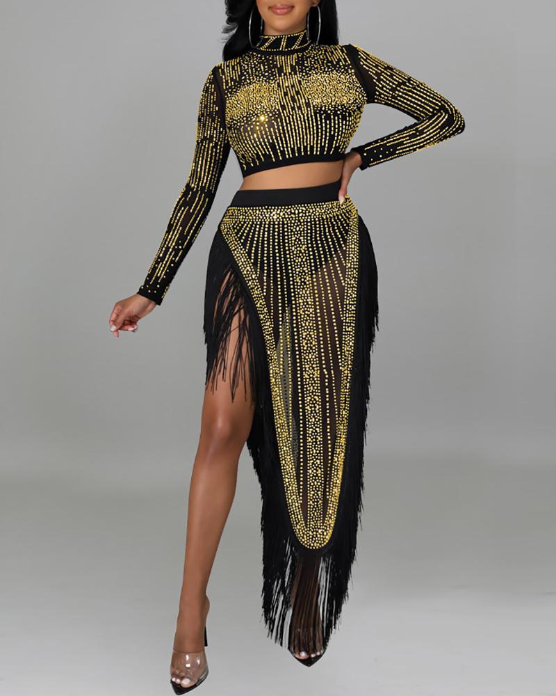 

Rhinestone Long Sleeve Top & Tassel Design Skirt Set, Gold