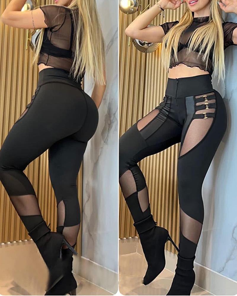 

O-Ring Decor Sheer Mesh Patch Pants, Black