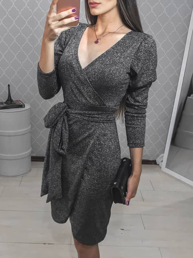 

Glittering Tied Waist Wrap Bodycon Dress, Dark grey