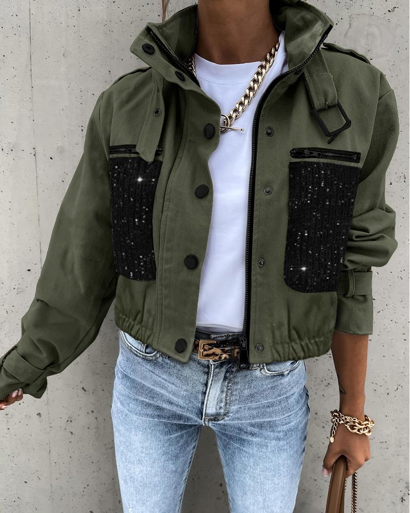 

Contrast Sequin Long Sleeve Zip Up Biker Jacket, Army green