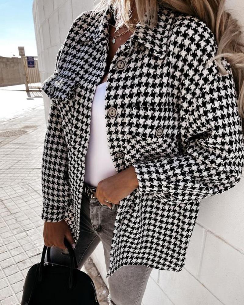 

Houndstooth Print Long Sleeve Button Down Shacket, Black