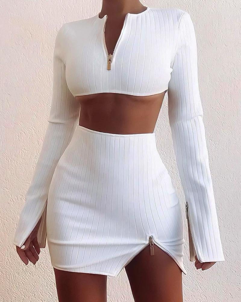 

Ribbed Long Sleeve Crop Top & Zipper Design Skirt Set, White