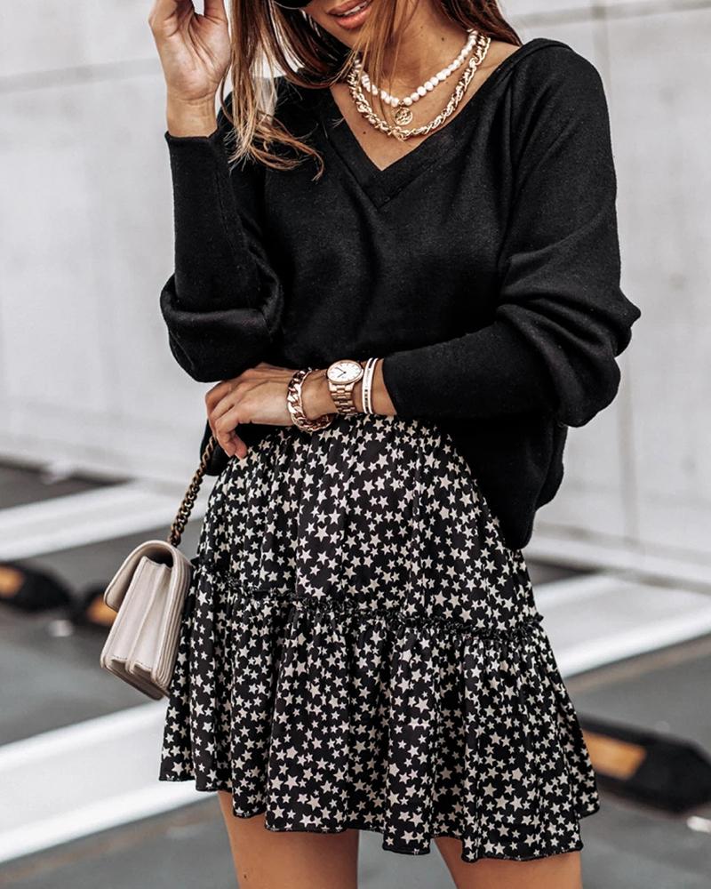 

Drawstring V Neck Lantern Sleeve Sweater, Black
