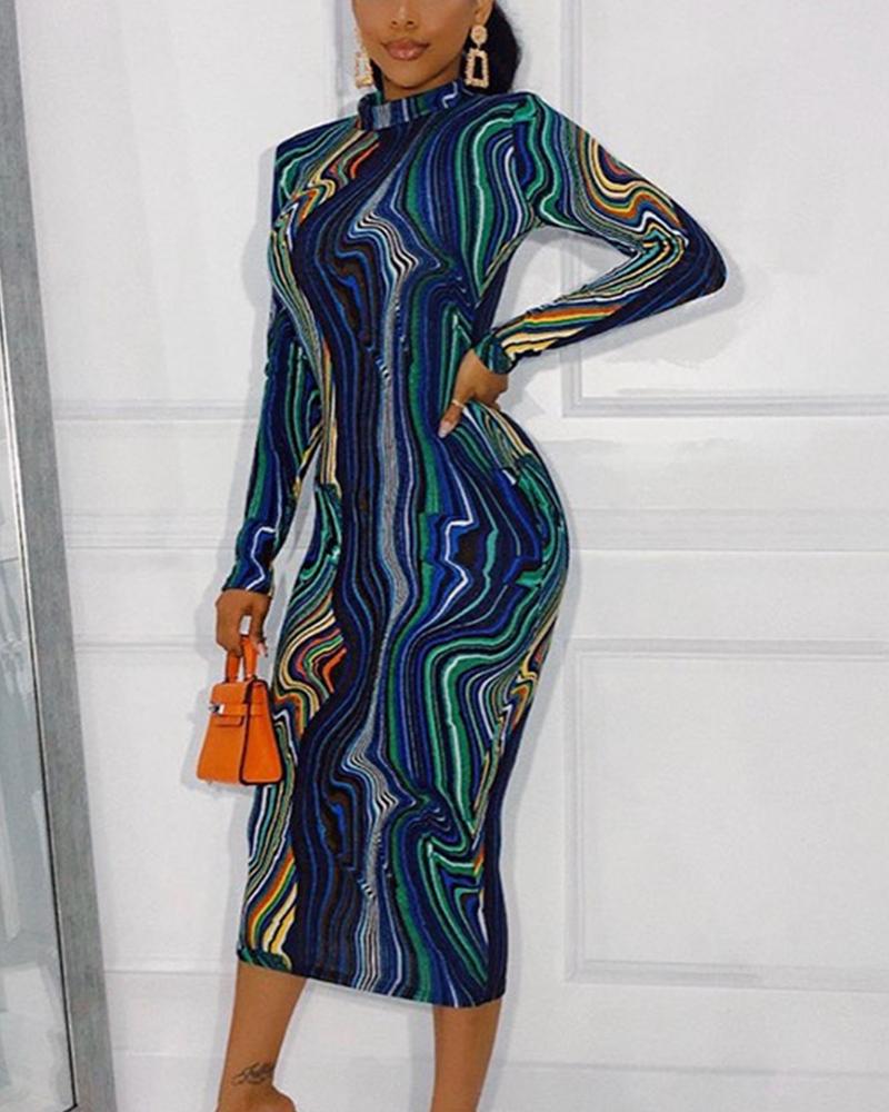 

Abstract Print Long Sleeve Zipper Skinny Dress, Style2