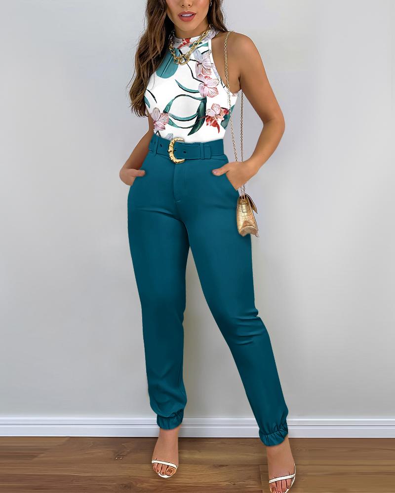 

Tropical Print Top & Cuffed Pants Set, Blue