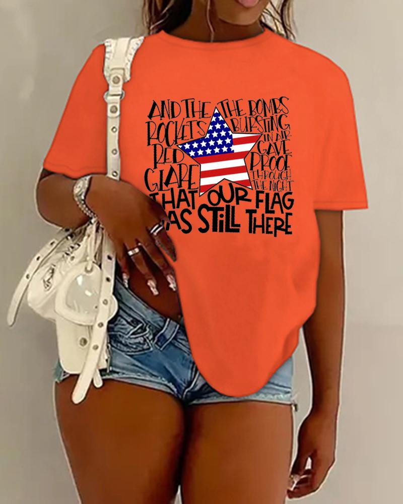 

Independence Day Flag Letter Print Crew Neck Casual T-shirt, Orange