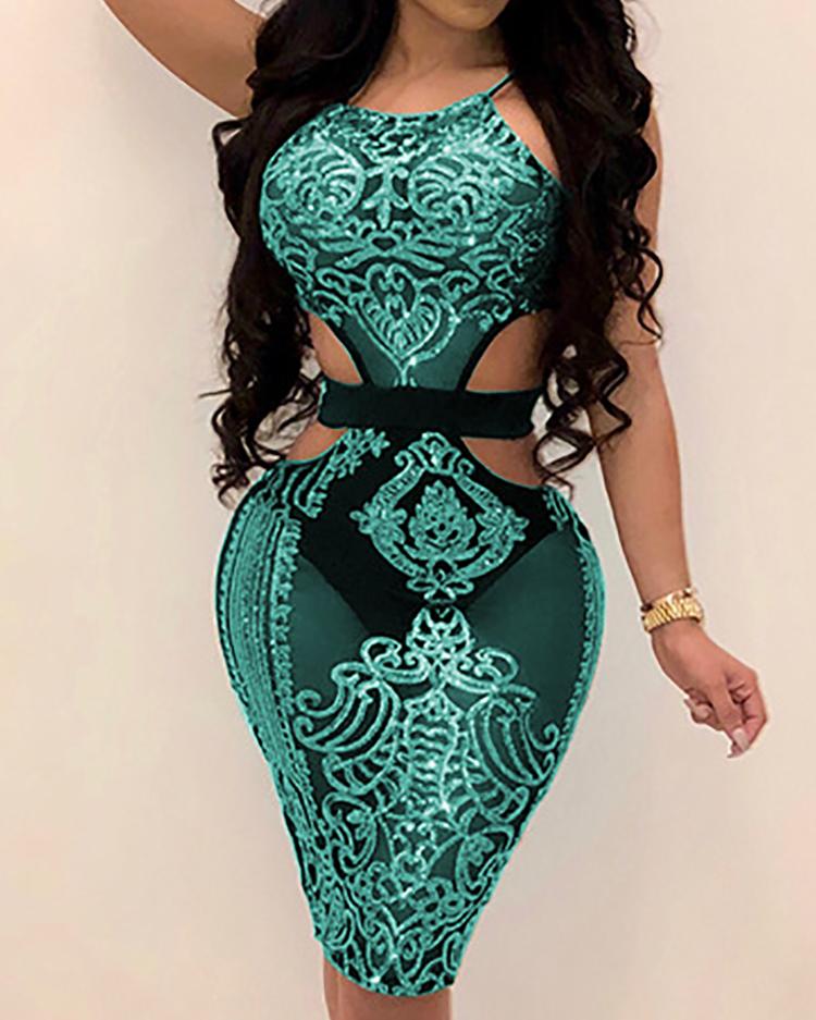 

Cut Out Halter Bodycon Sequin Dress, Green