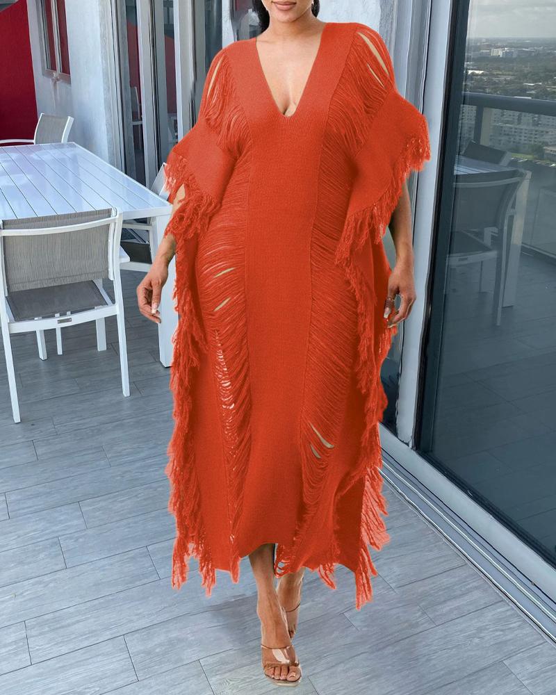 

Plain Tassel Trim Ripped Casual Dress, Orange