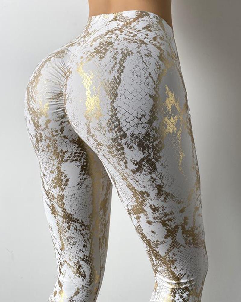 

Snakeskin Bronzing Skinny Long Yoga Pants, White