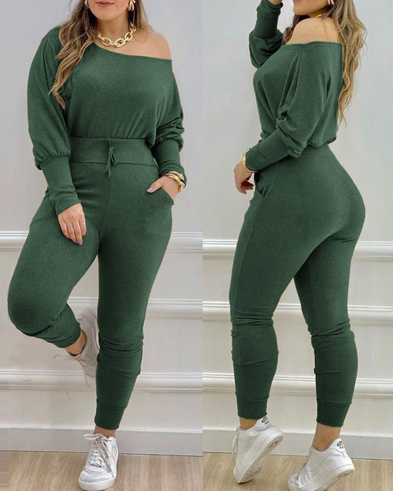 

Conjunto de dos piezas de jersey de cuello alto y manga larga con cordón para estar por casa, chándal informal de otoño, Army green